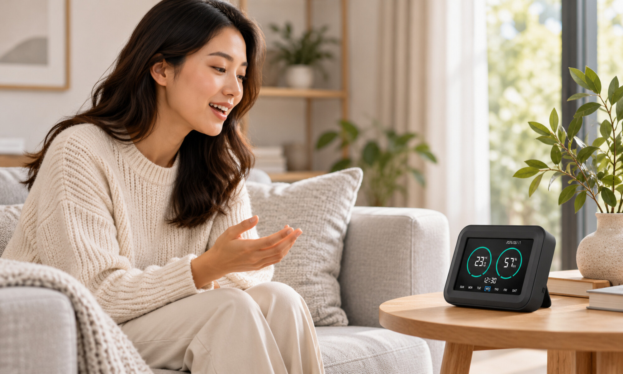 客厅里的人正在对 AI Air Hub AH1 说话