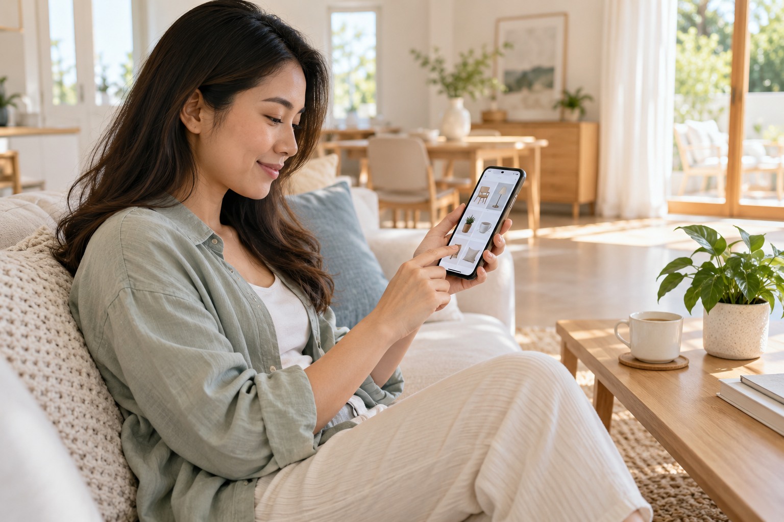 示意图:在家中使用手机购物,并非 T3 应用界面