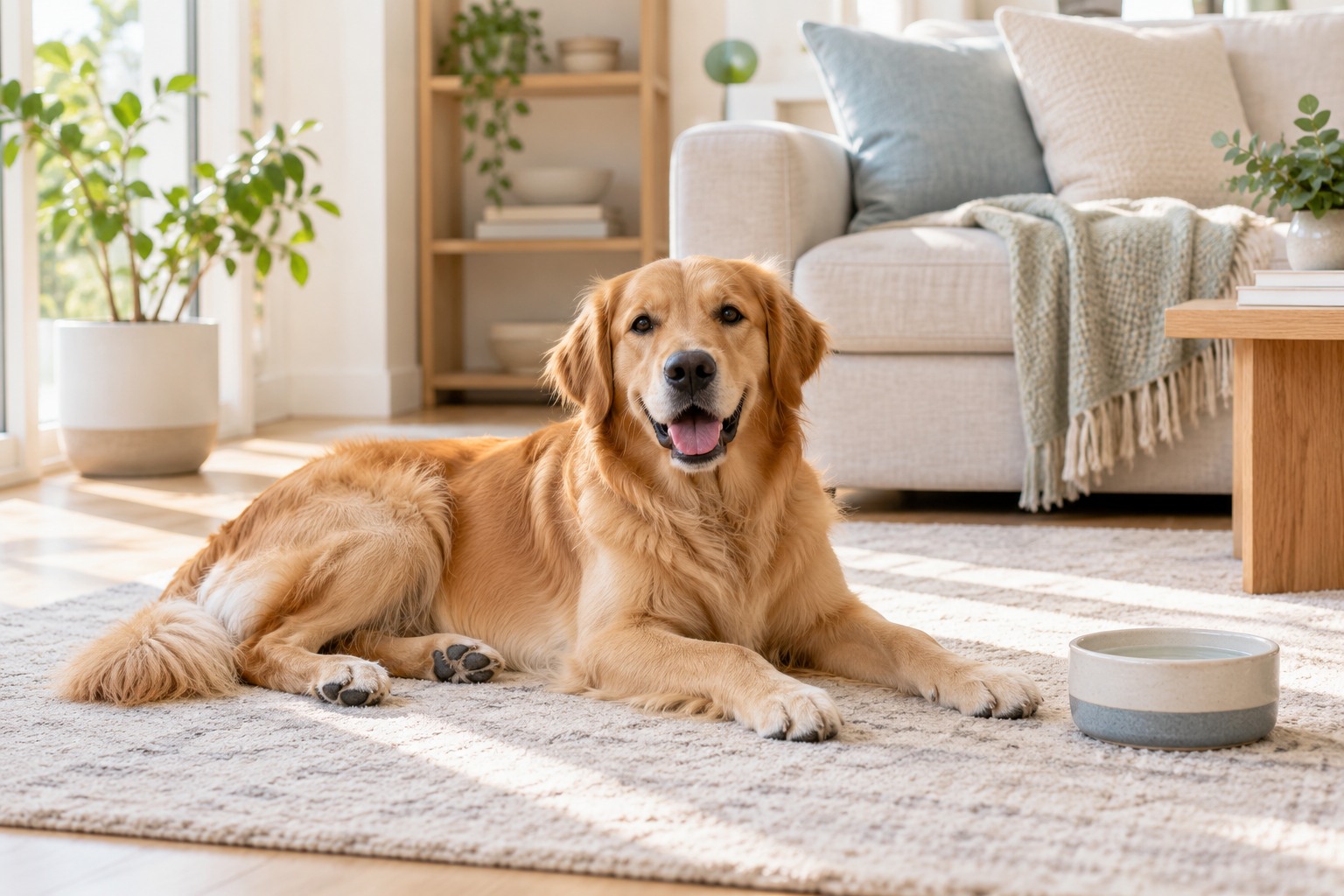 示意图:金毛犬在家中休息