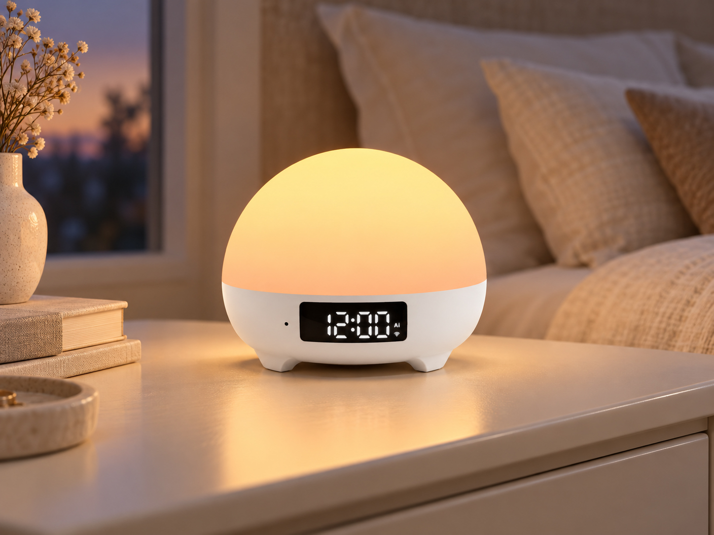 床边散发柔和灯光的 AI Sleep Lamp AL1