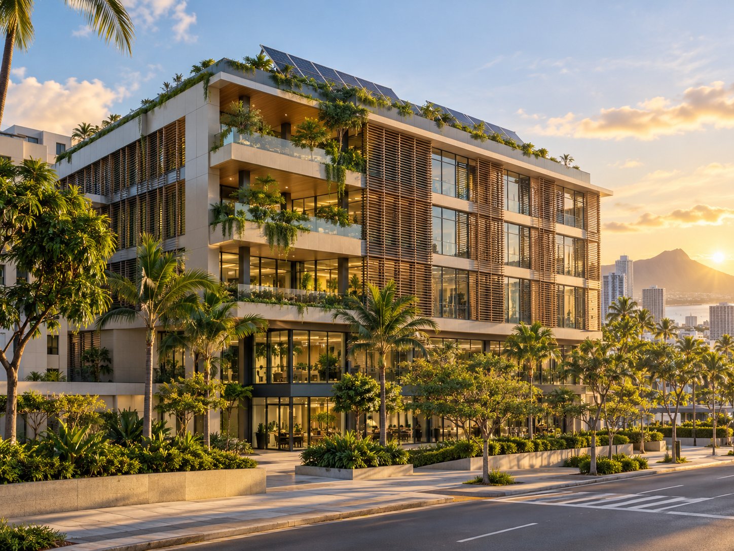 A contemporary office building with shading and rooftop solar panels