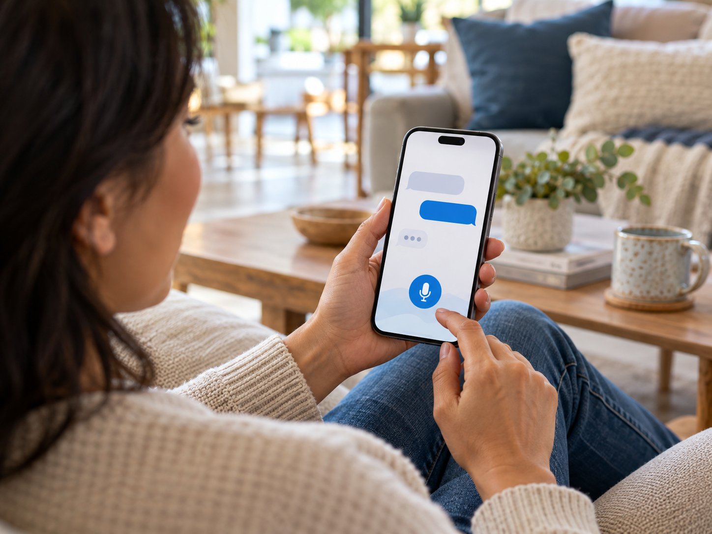 A smartphone with an illustrative conversational interface