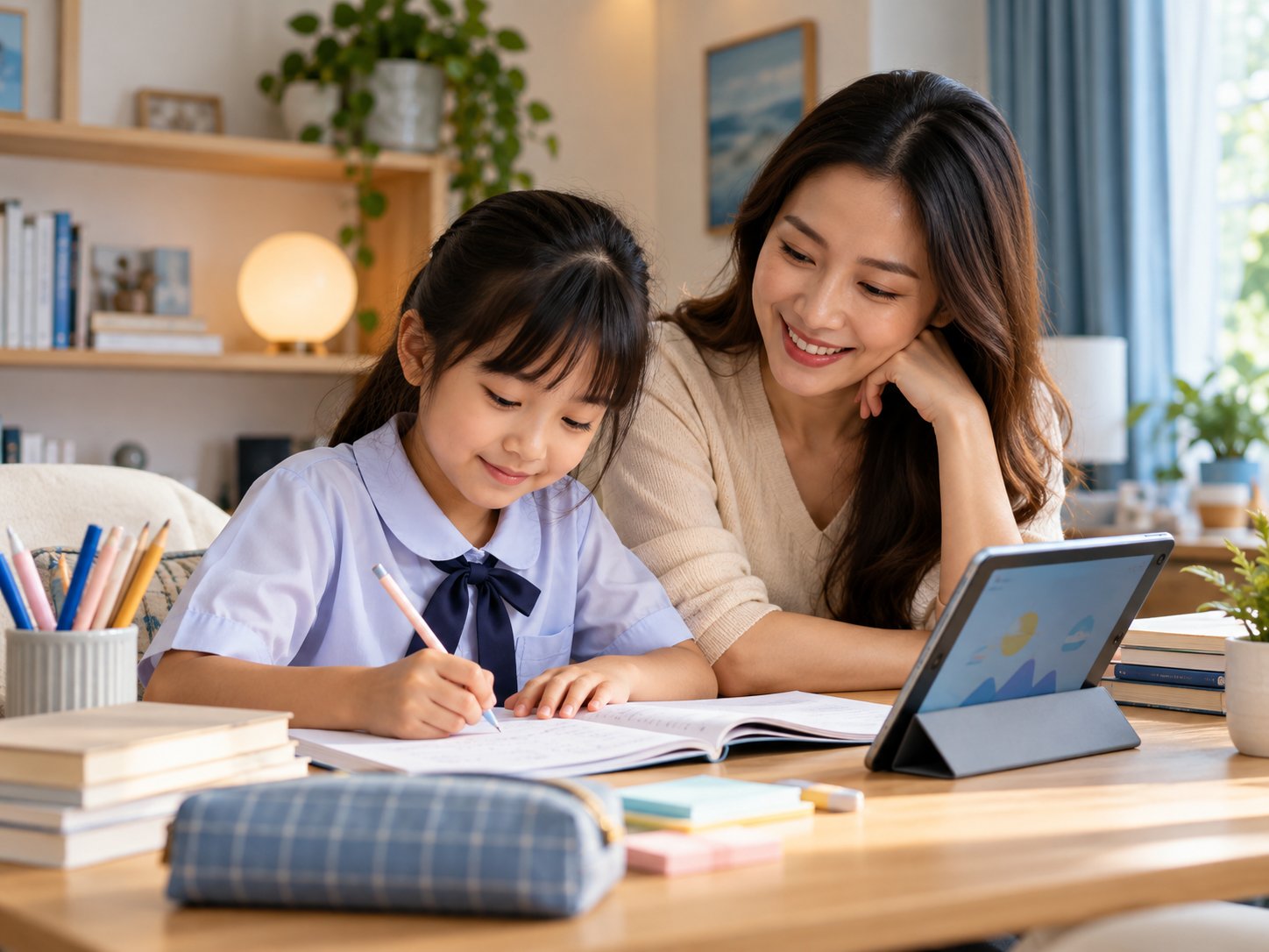 A mother supporting her child with homework at home