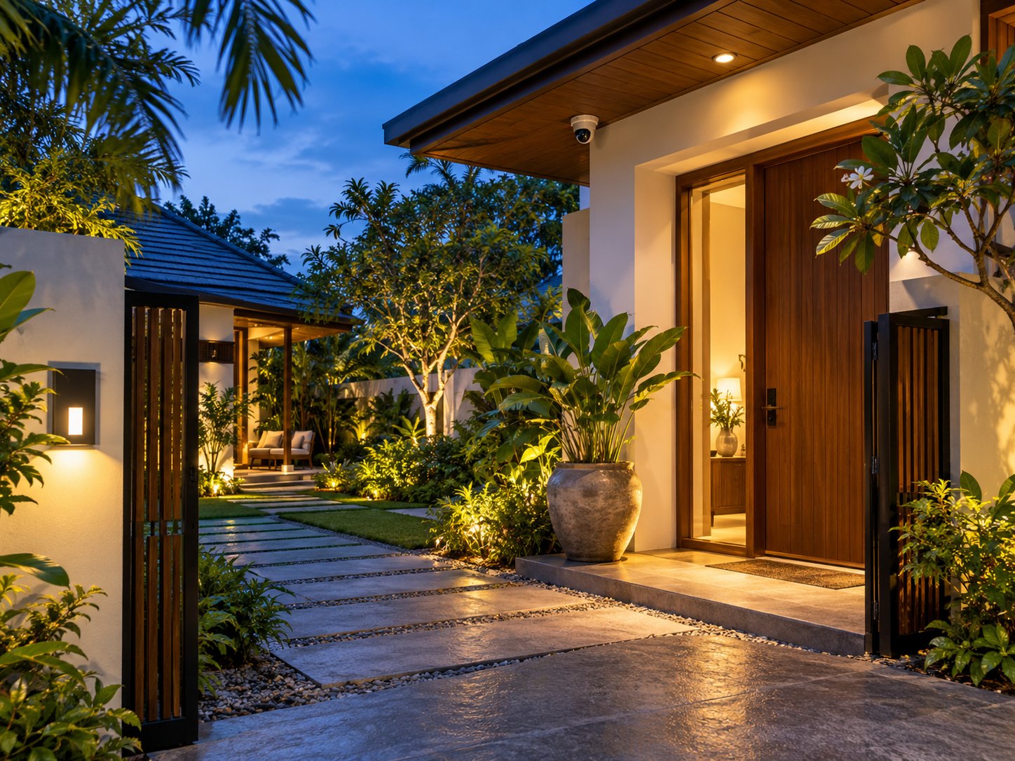 A warmly lit home entrance with a discreet security camera