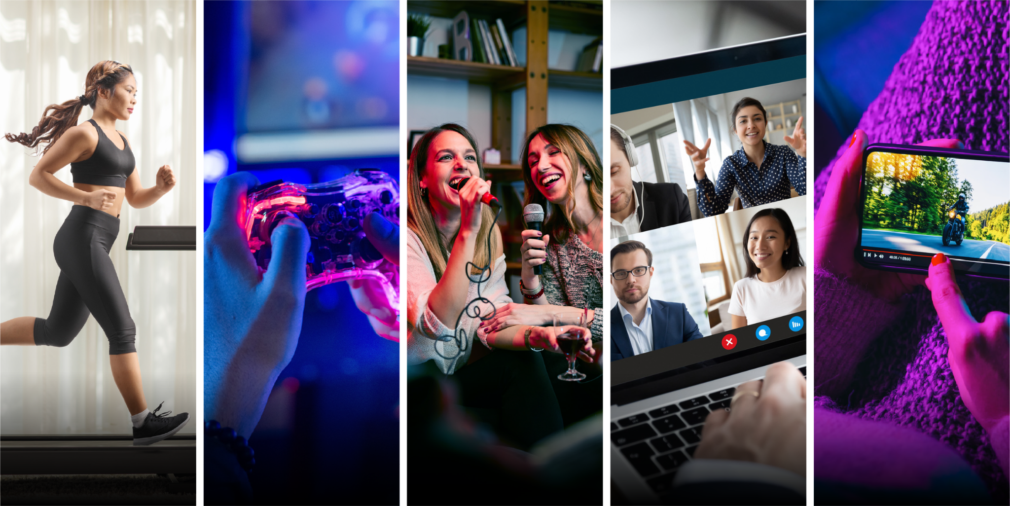 Five image panels showing fitness, gaming, karaoke, online meetings and movies