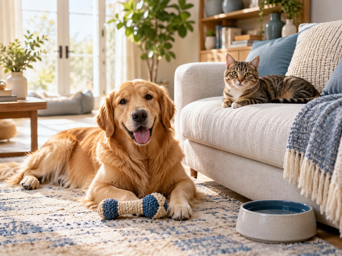 A dog and cat relaxing in a bright living room