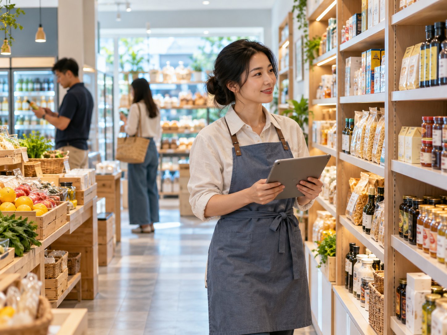 A store manager using a tablet beside neatly stocked shelves