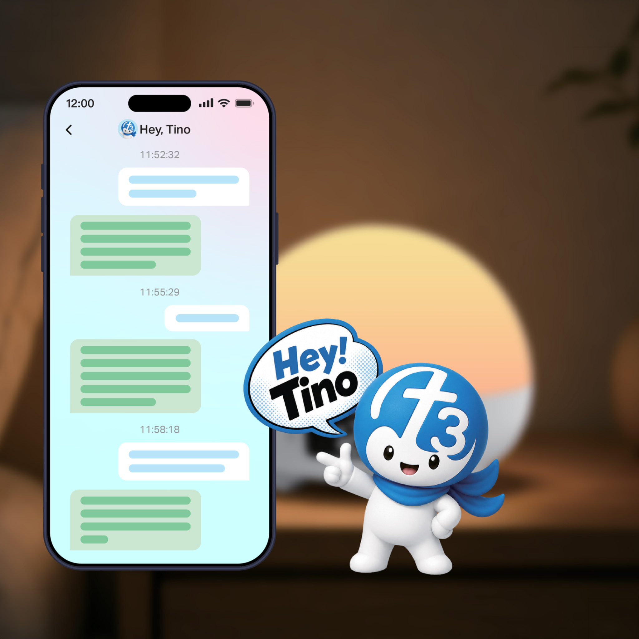 Hey Tino App 对话界面,以及灯旁的 T3 吉祥物