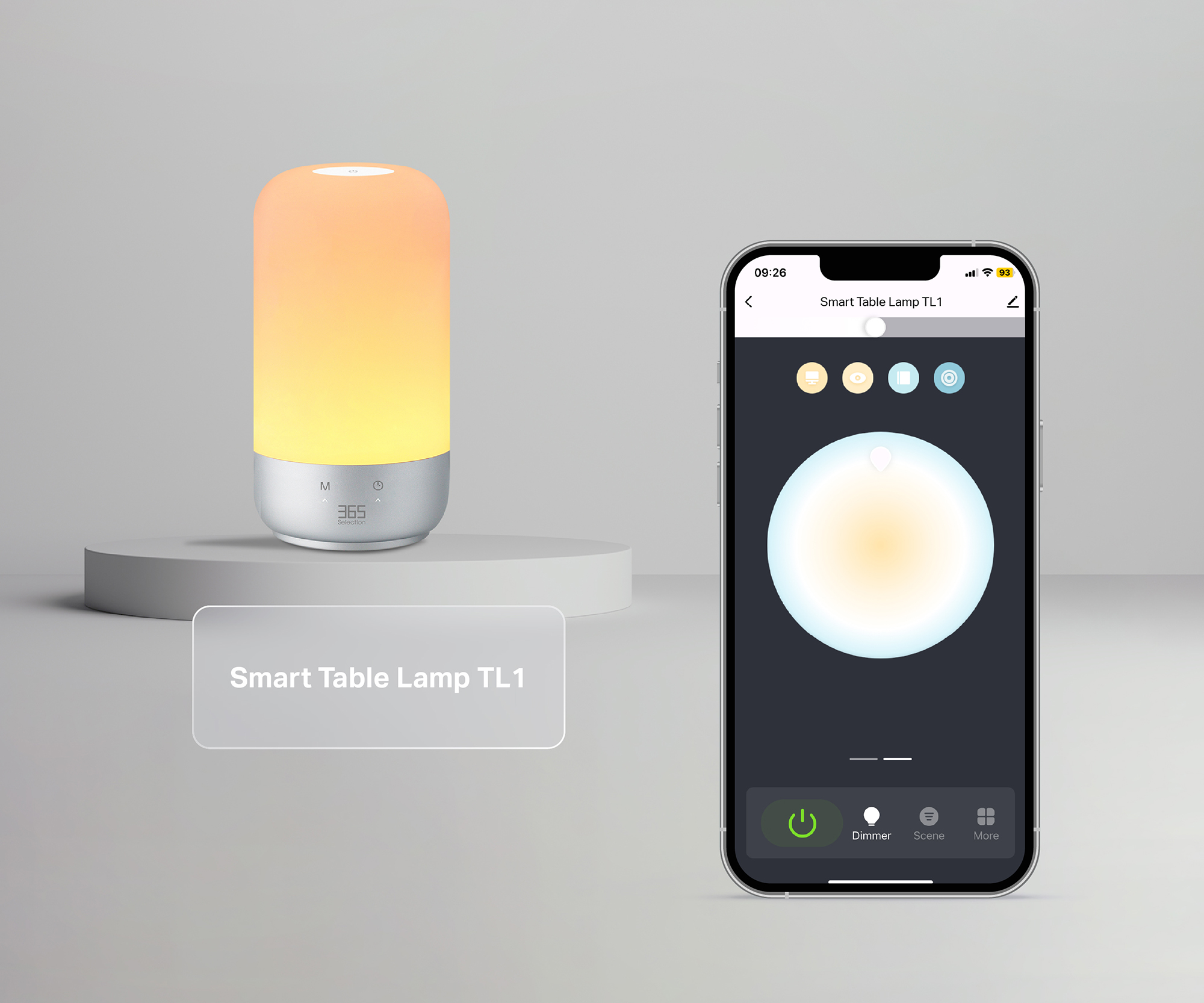 Smart Table Lamp TL1 with its corresponding 365 Life iPhone interface