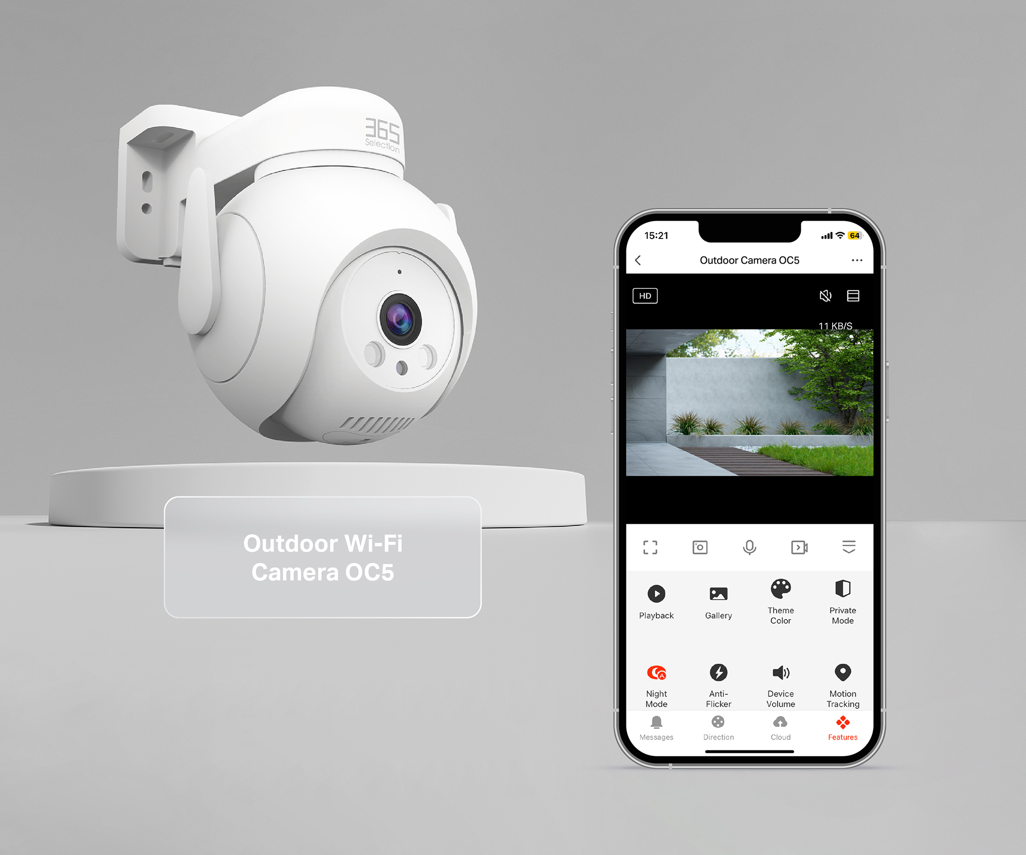 Outdoor Wi-Fi Camera OC5 with its corresponding 365 Life iPhone interface