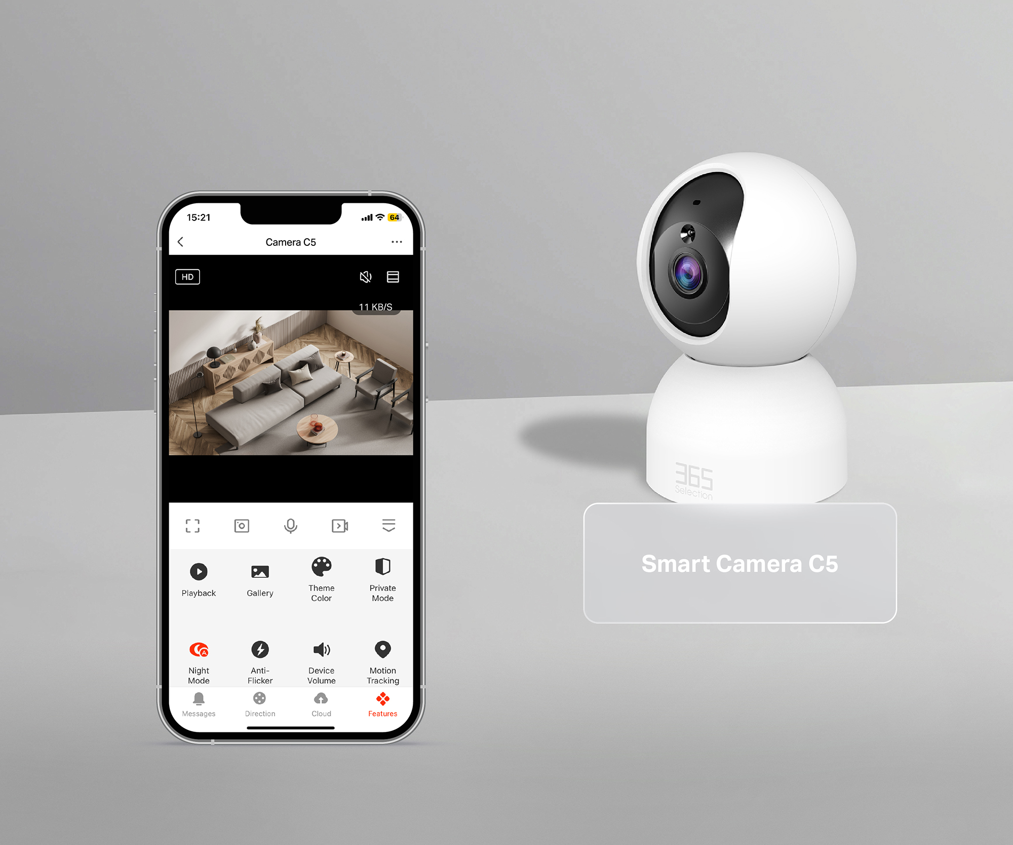 Smart Camera C5 with its corresponding 365 Life iPhone interface