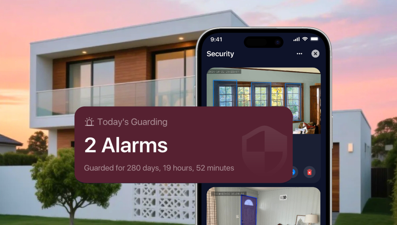 Security Guard app showing a sample of today's alarms and guarding duration