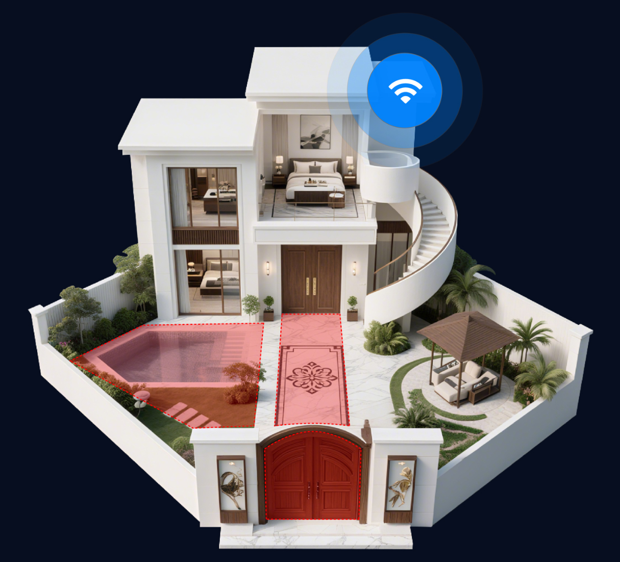 Cutaway home with separate monitoring zones highlighted