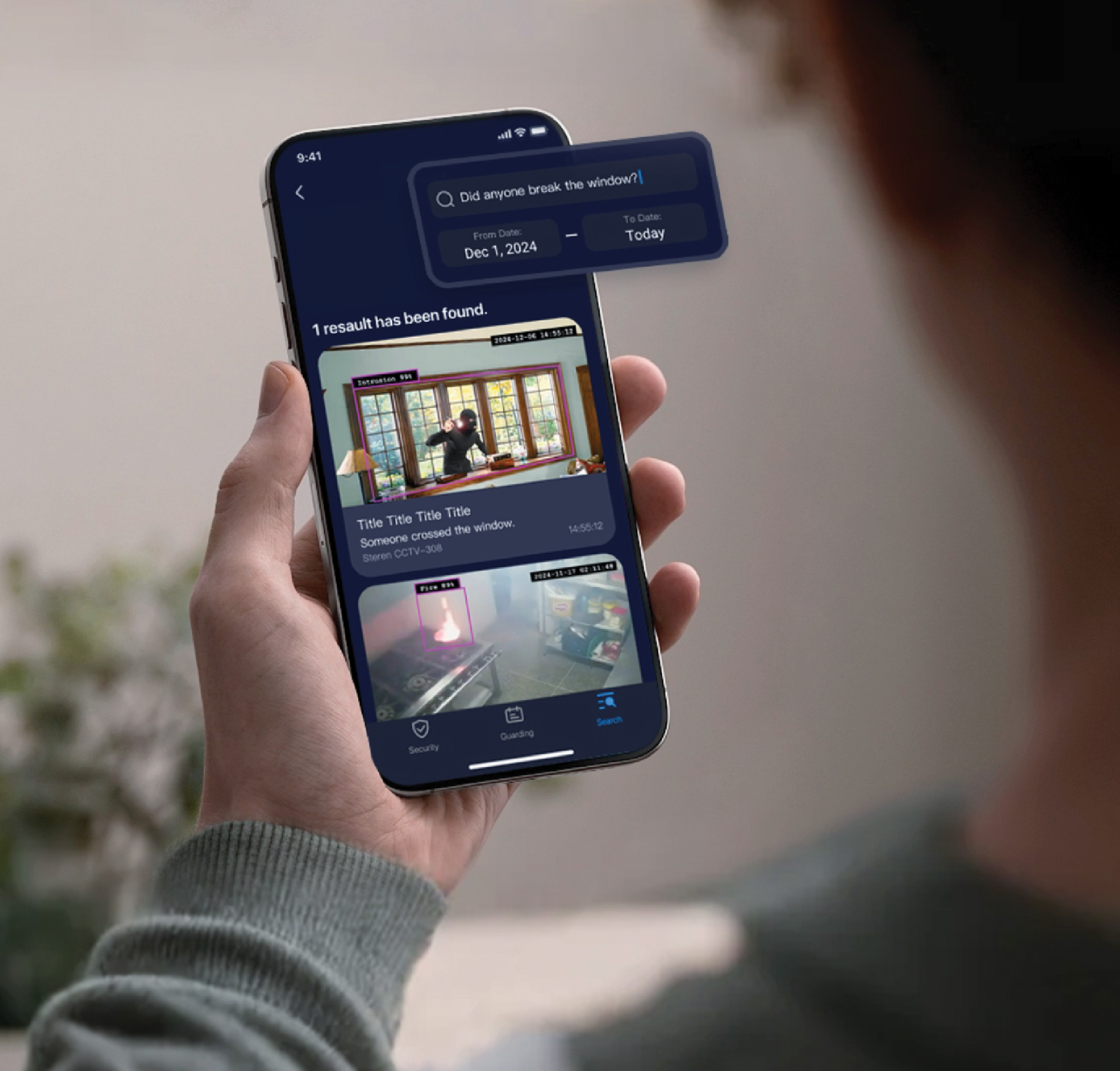 Person using the app to search past security events on a phone