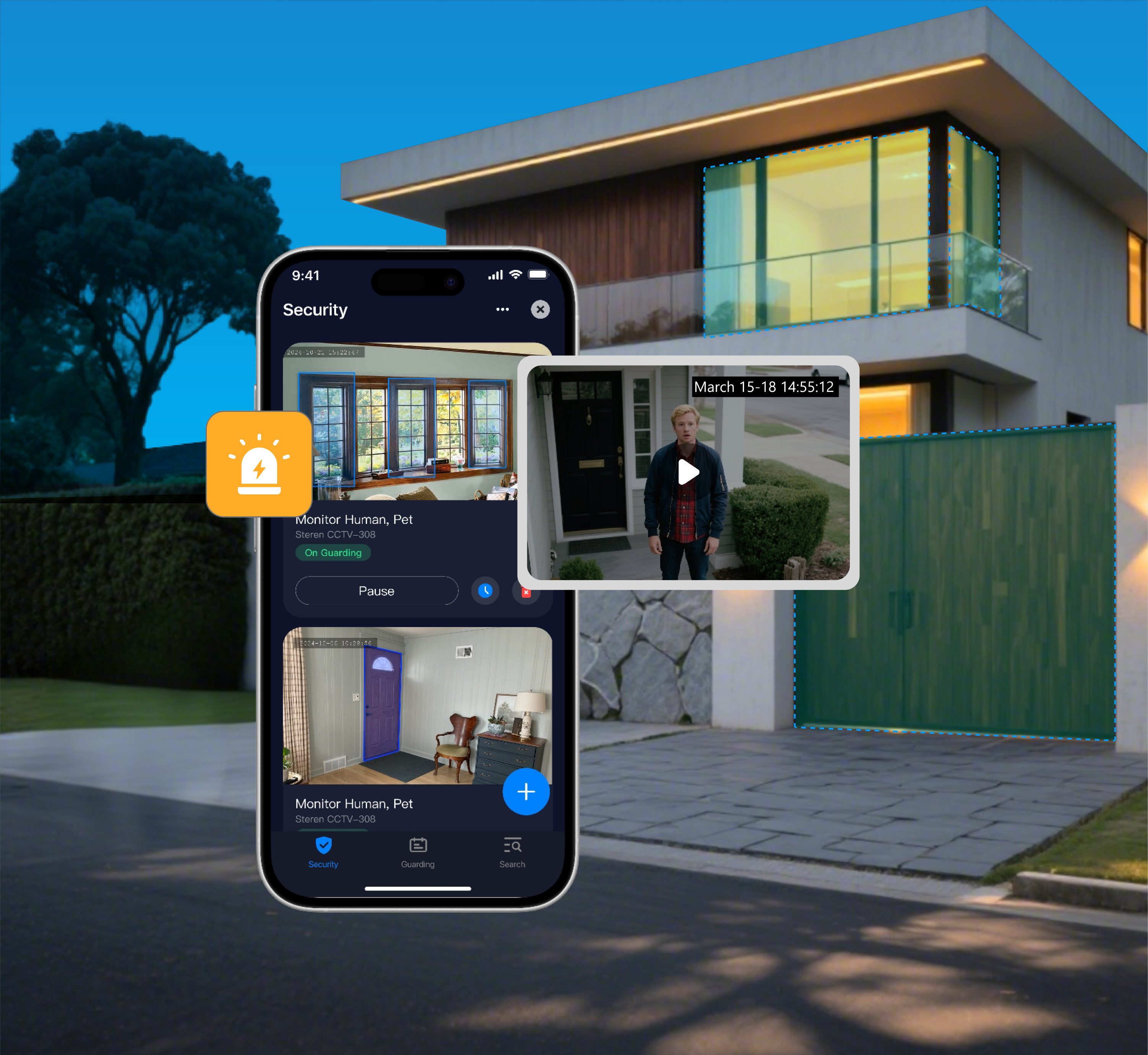 Security Guard app and event view in front of a modern home