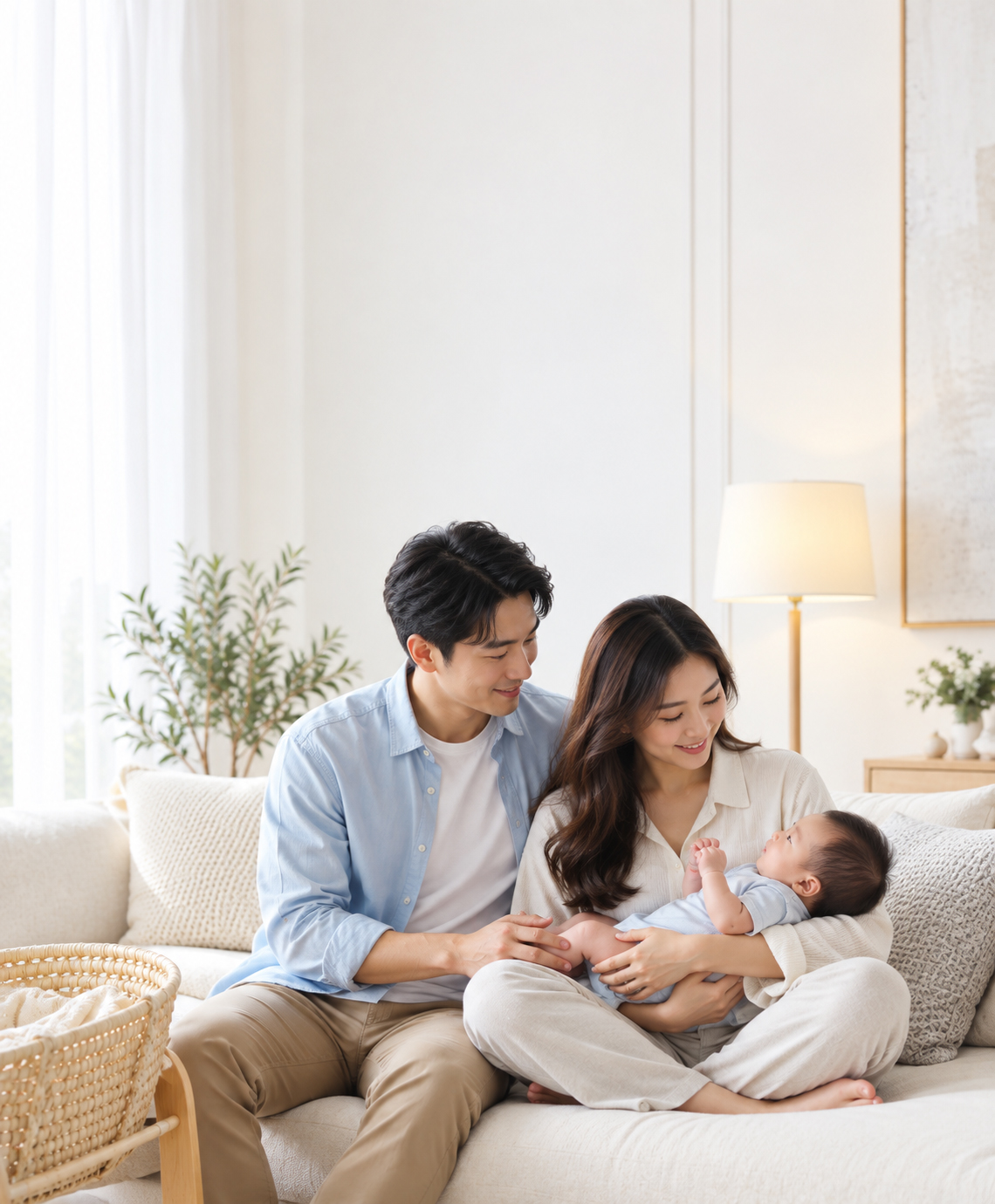 Parents holding their baby at home
