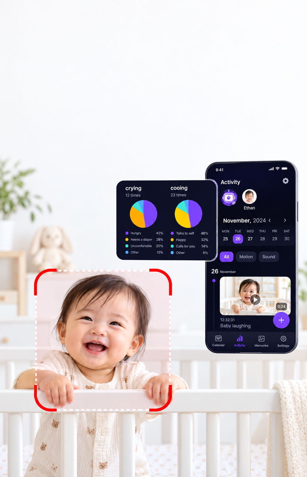 Baby monitoring app with behavior charts beside a baby in a crib