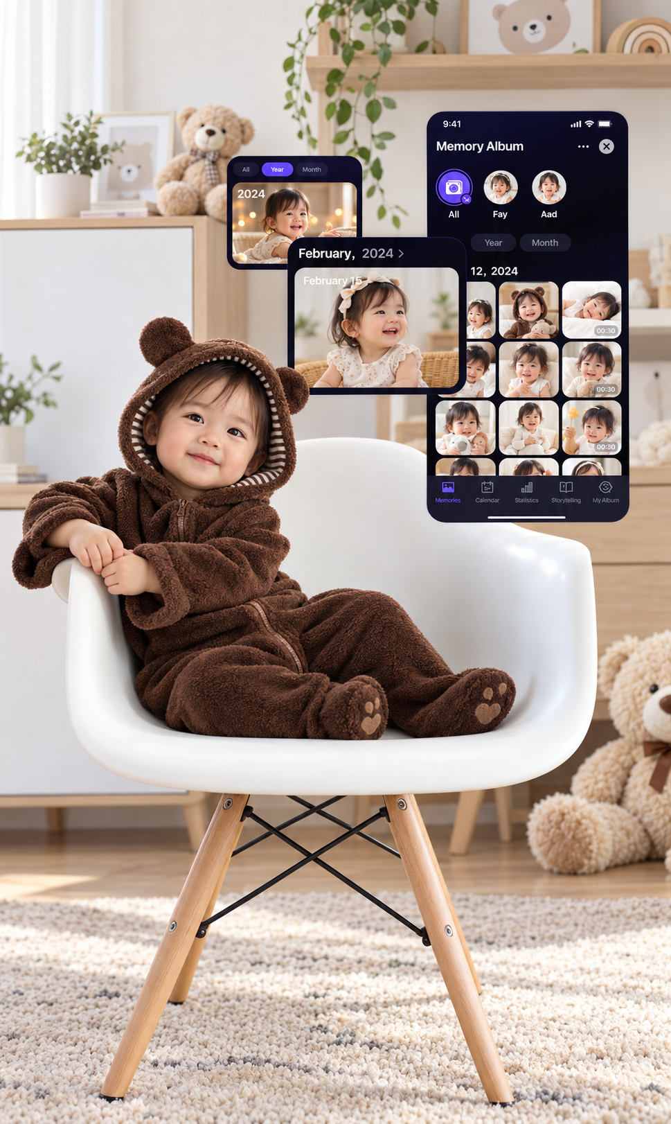 Baby in a bear outfit with memory album app screens