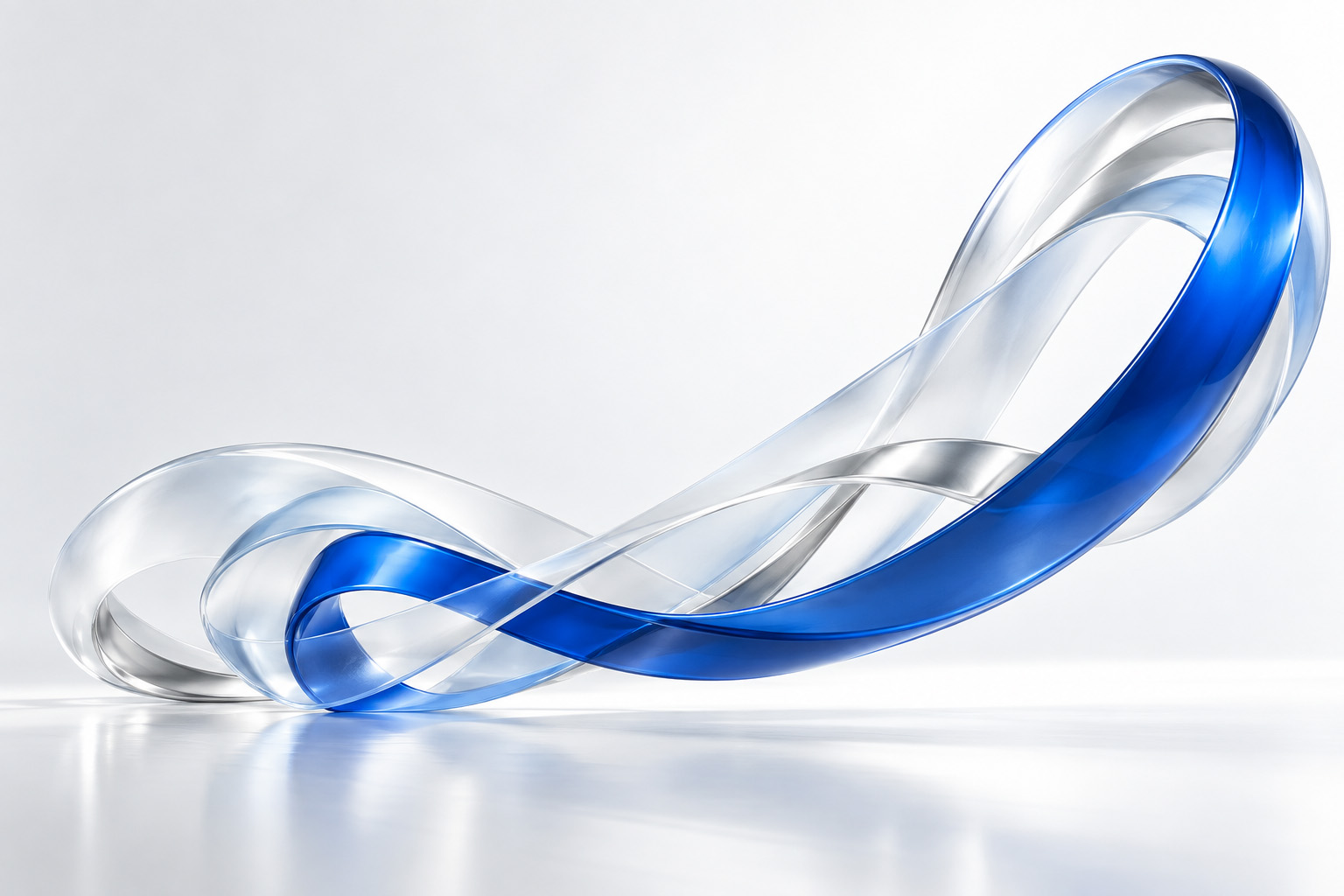 Abstract blue and glass ribbons coming together in an upward curve