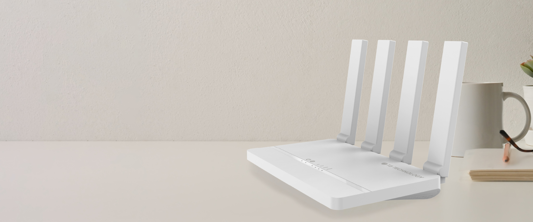 White four-antenna T3 C21 router on a table