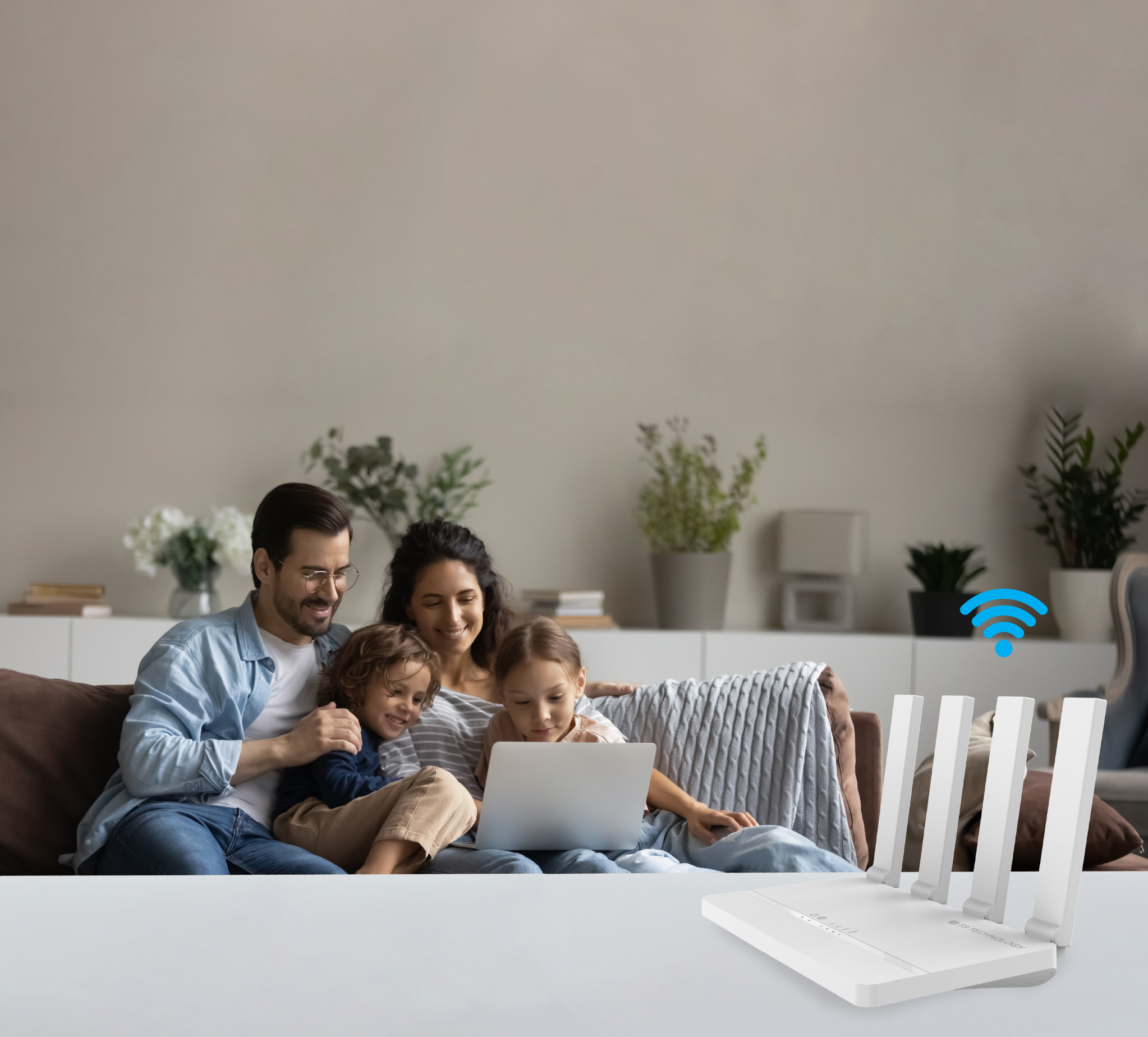 Family using a laptop with a C21 router at home
