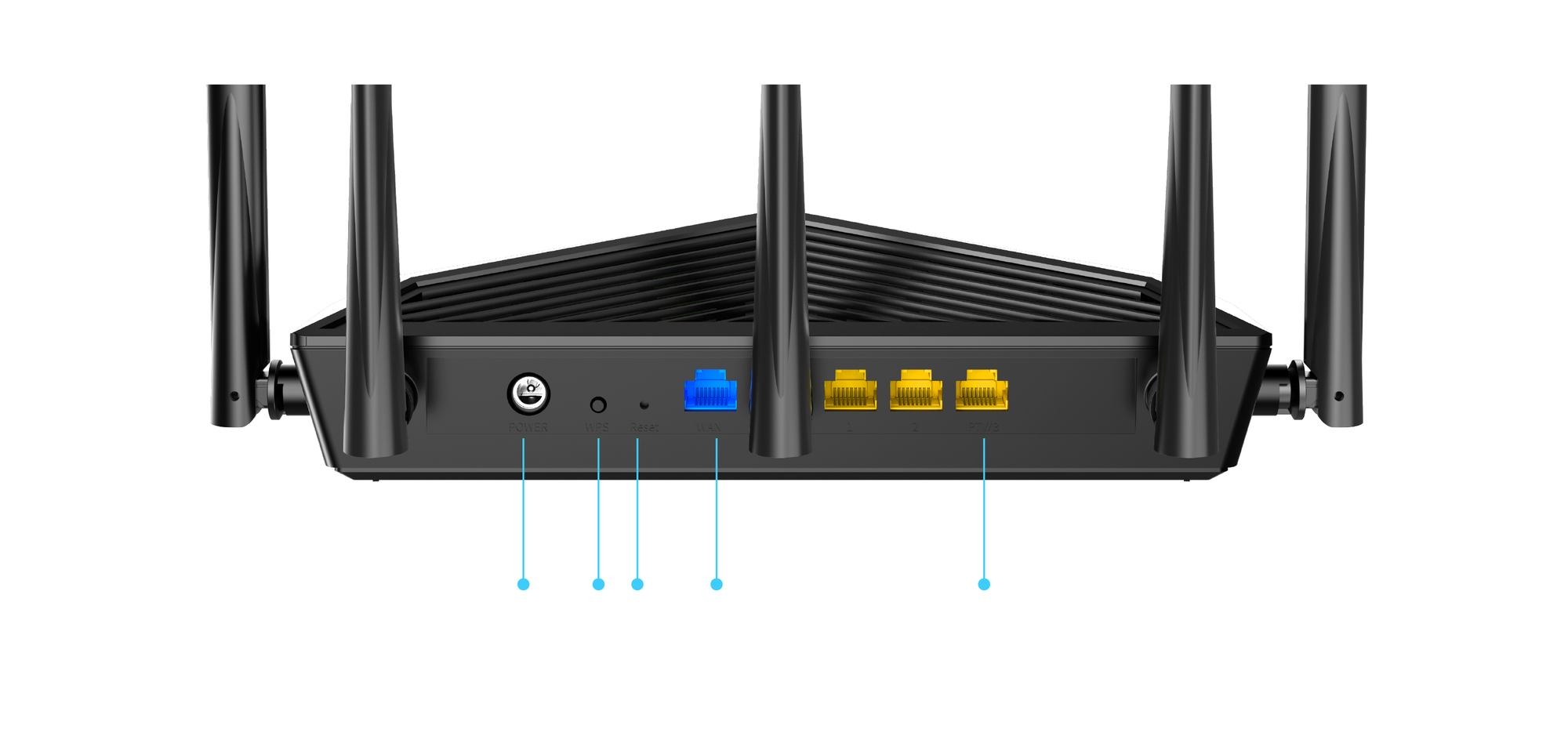 WR2 后面板，展示电源输入、WPS、Reset、WAN 和 LAN
