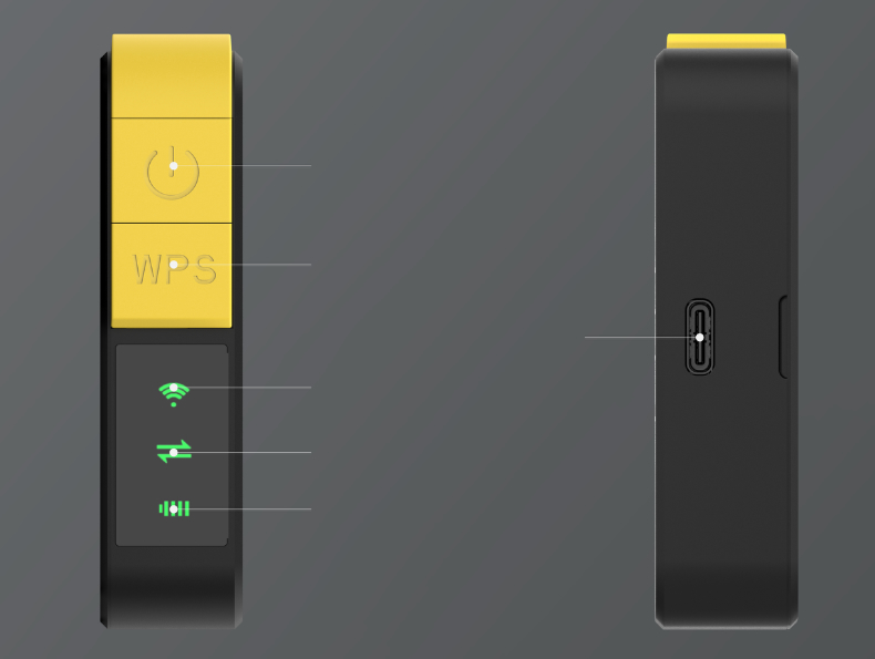 Front and side views showing the power button, WPS button, USB Type-C port and three status indicators