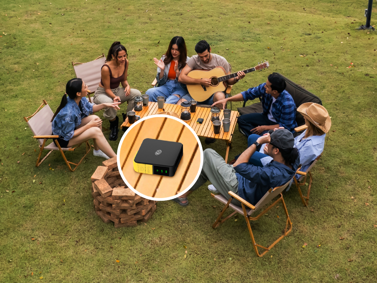 Friends sharing a picnic outdoors with a C32 hotspot