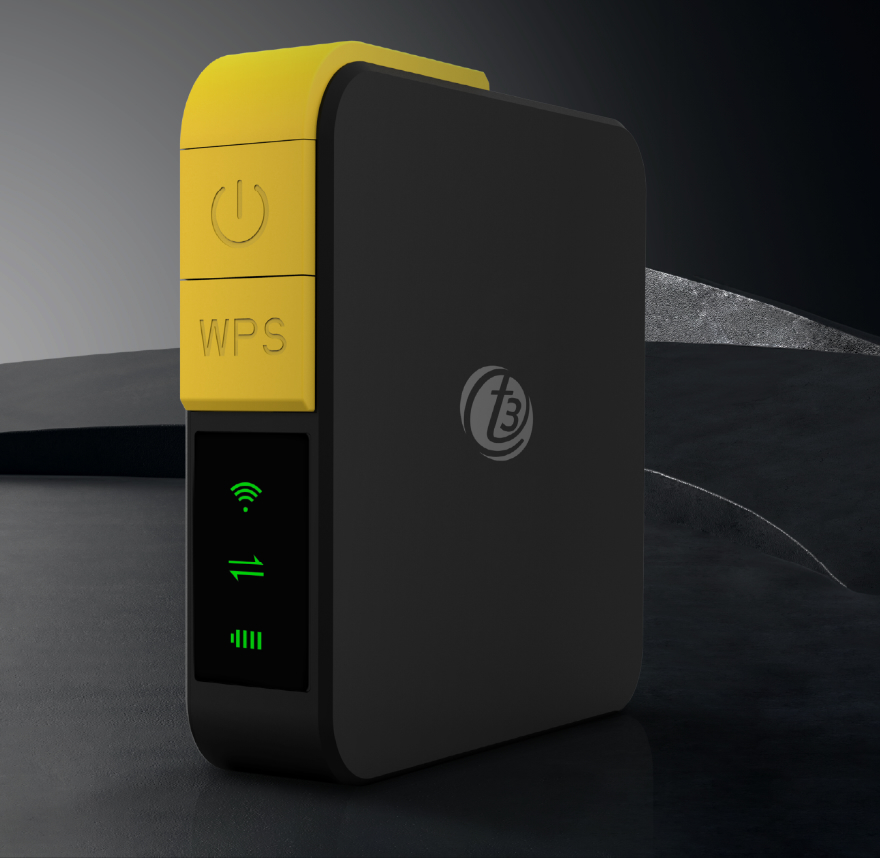 Front view of the black and yellow 4G MiFi hotspot