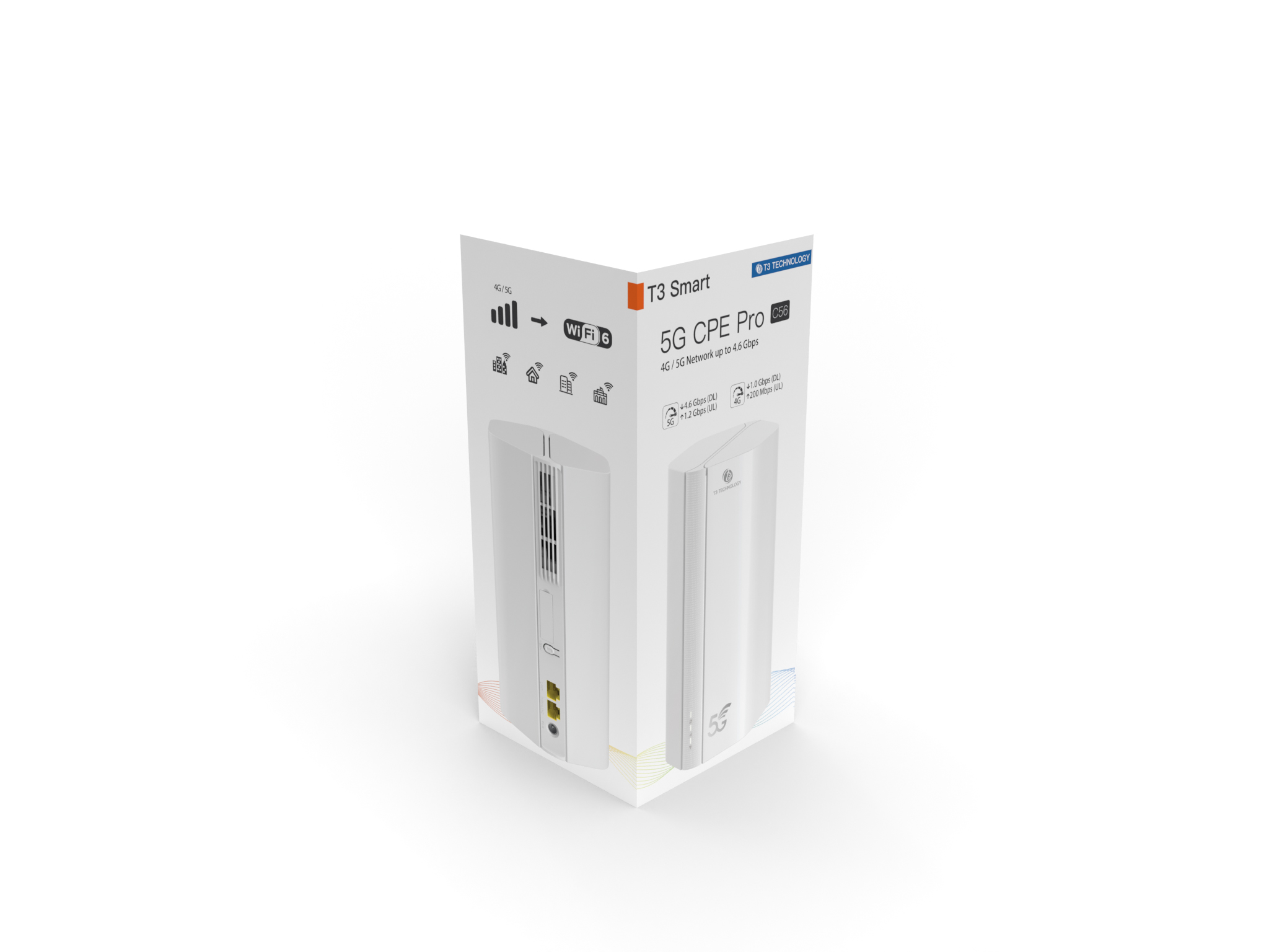 T3 Smart 5G CPE Pro C56 packaging — 02 / Angled view