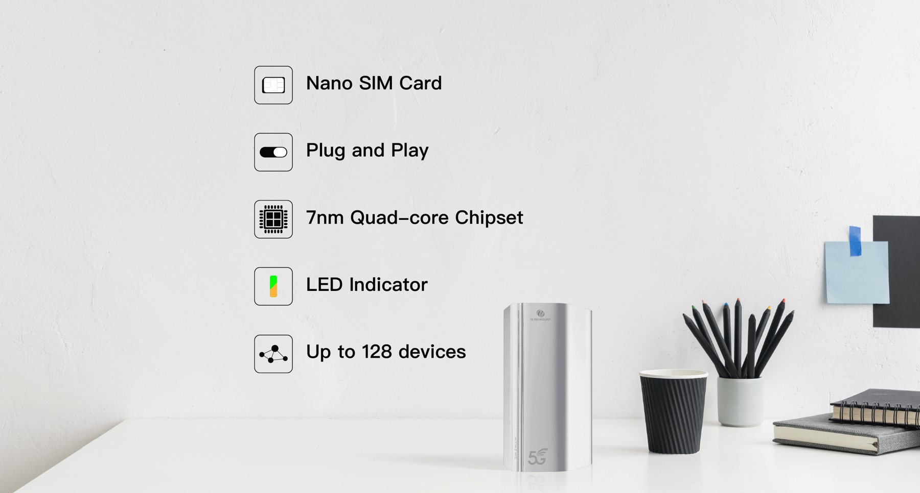 C56 setup feature illustration showing SIM, processor, LED and connected devices