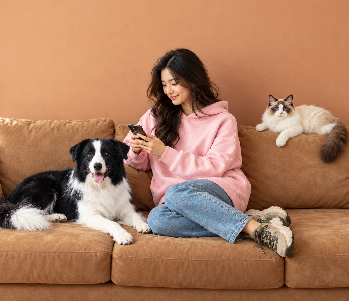 A woman relaxing at home with her dog and cat