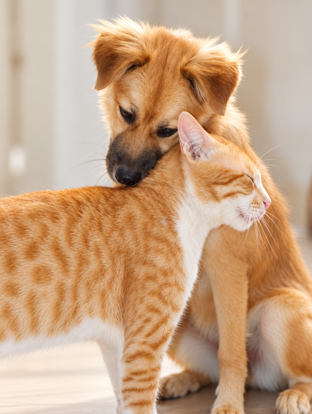 A dog and cat sharing a gentle moment