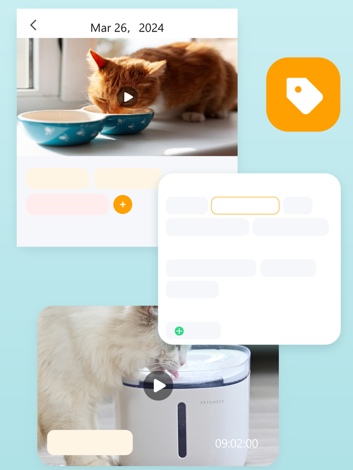 Pet video timeline and custom behavior tags, including drinking water and having a meal