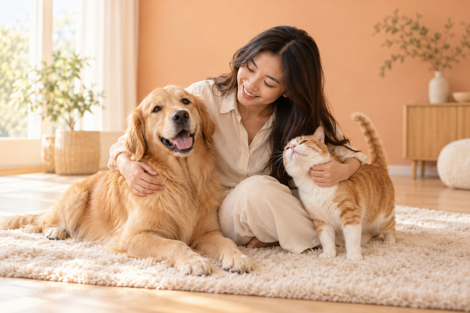A young woman sharing a warm moment at home with her golden retriever and orange-and-white cat