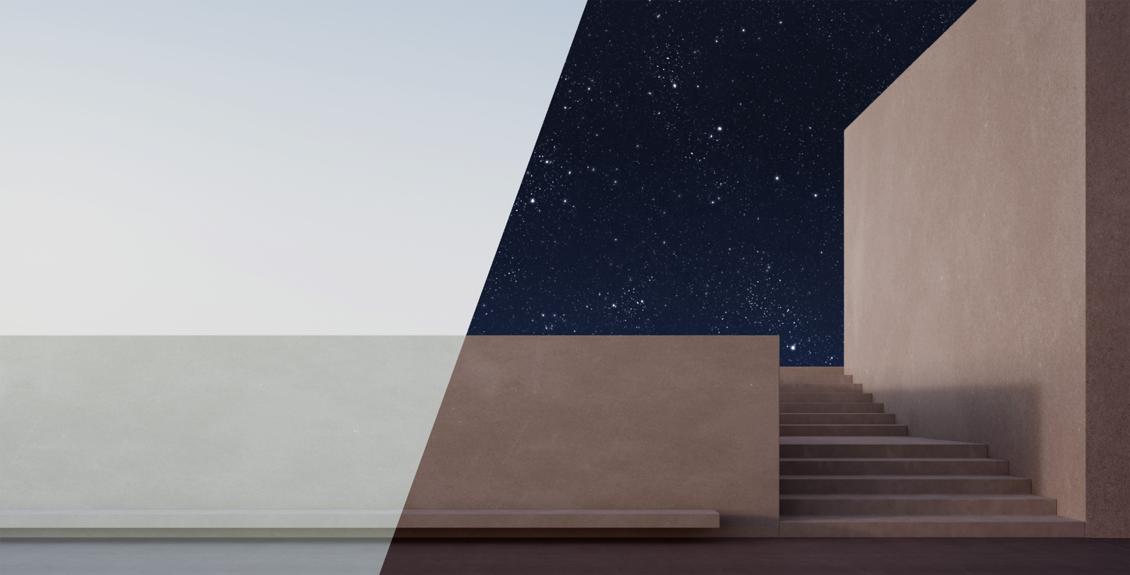 Side-by-side day and night views of an outdoor stairway