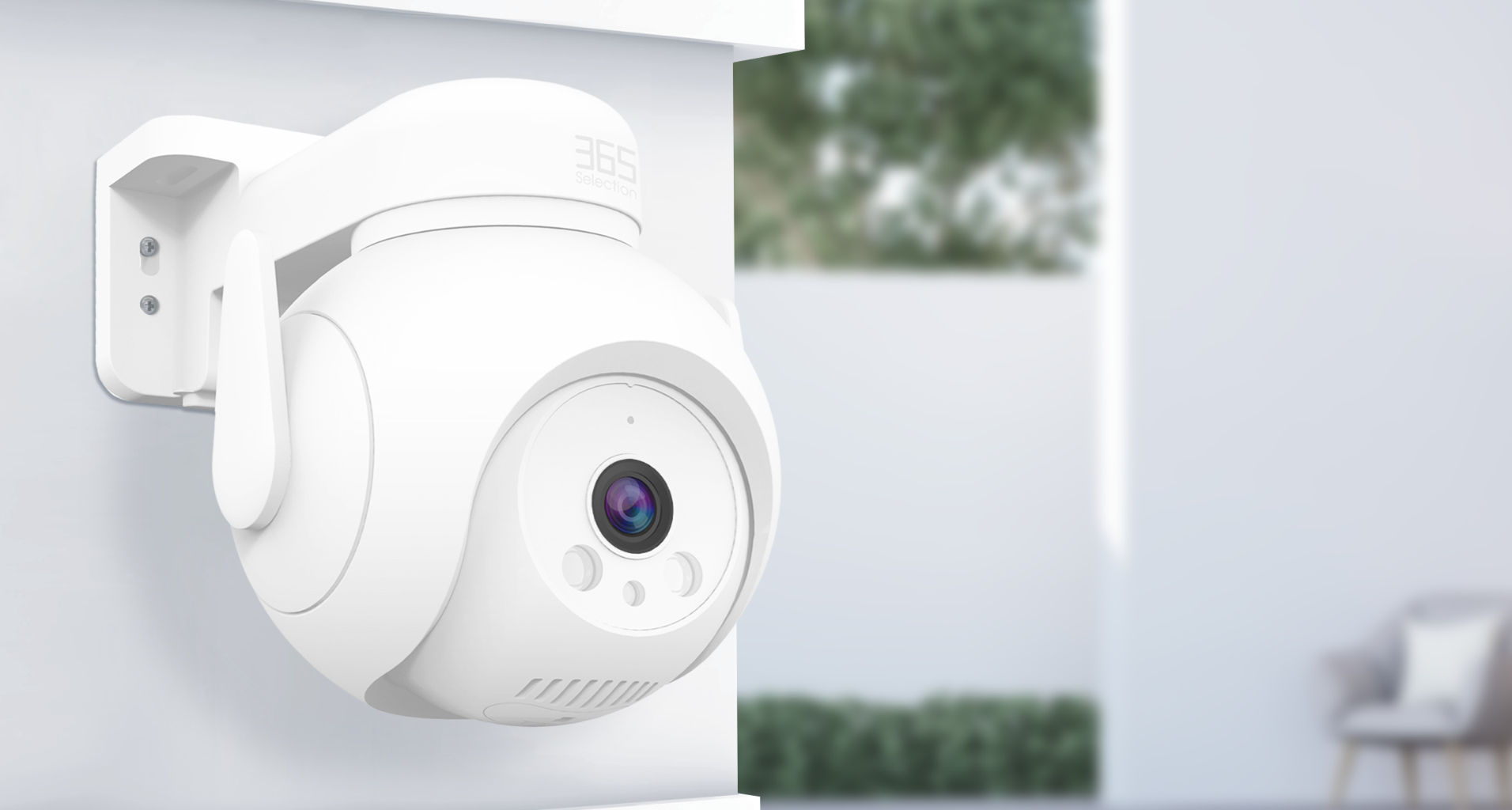 OC5 camera on a wall mount, showing its pan-and-tilt housing