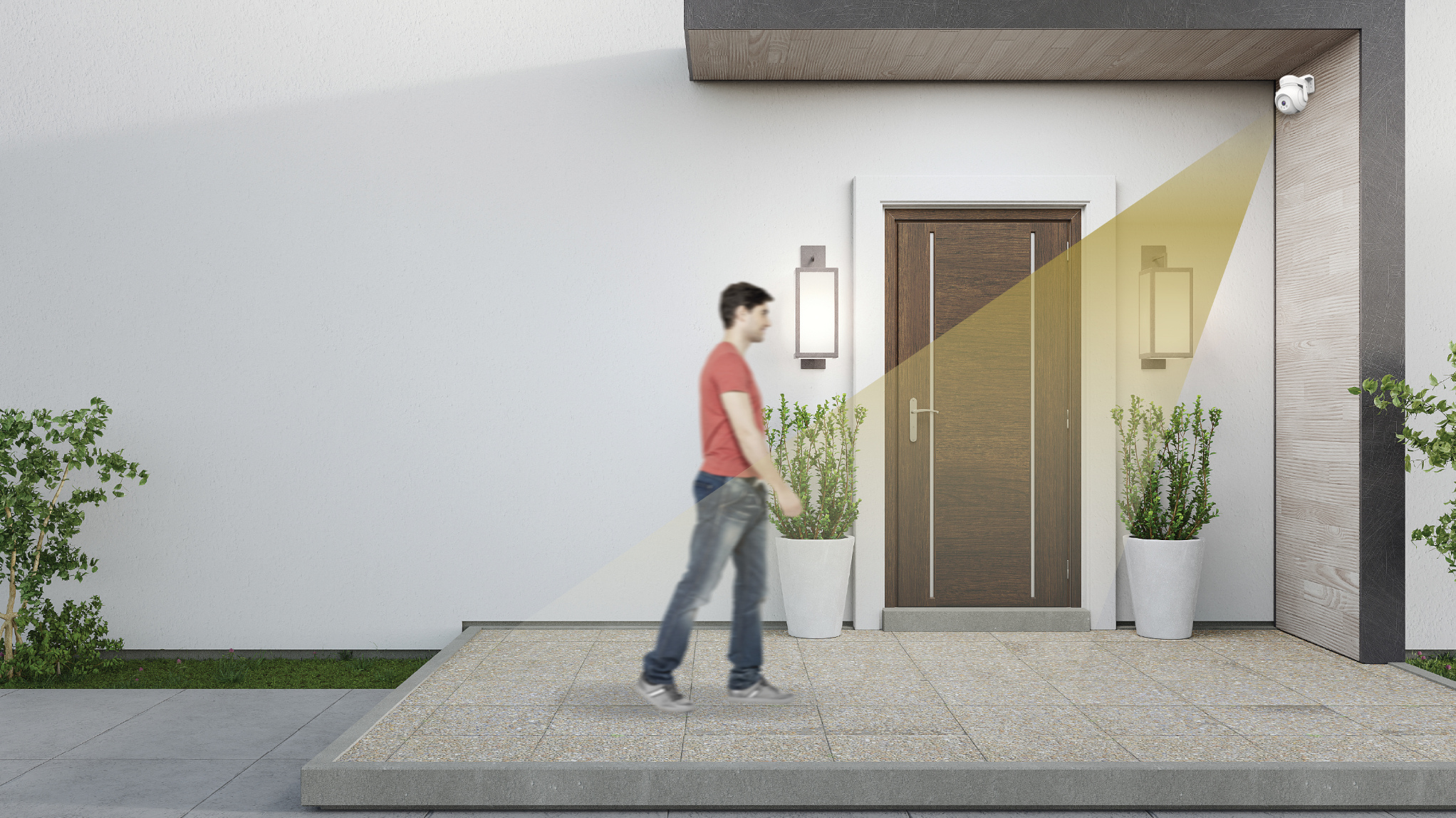 An outdoor camera detecting a person walking near a home's entrance