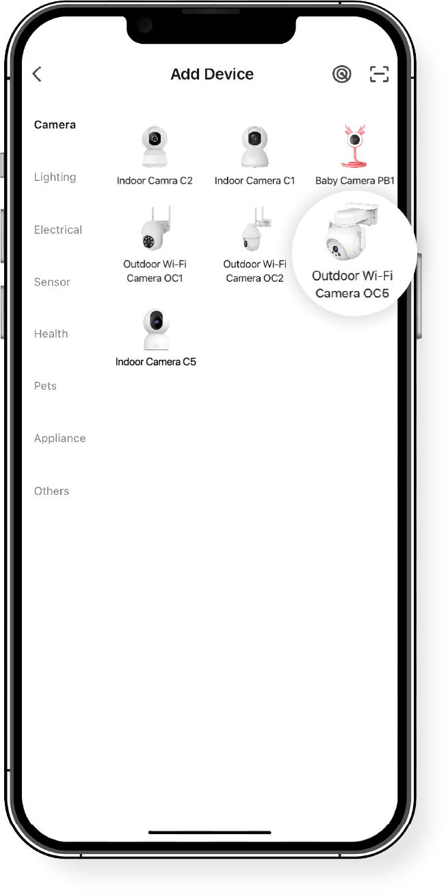 365 Life App Add Device screen with Outdoor WiFi Camera OC5