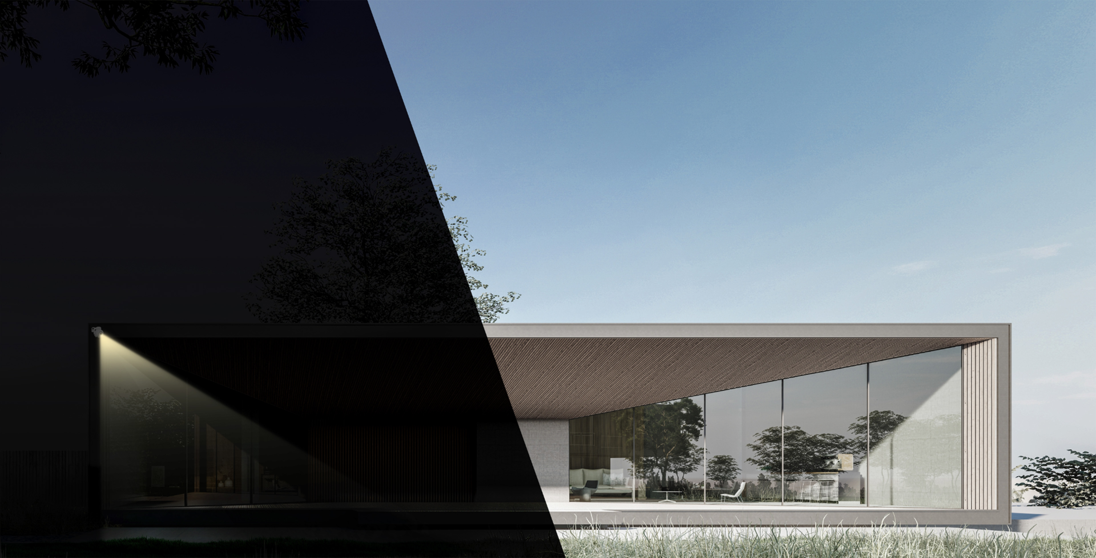 Outdoor home shown with lighting switched on and off