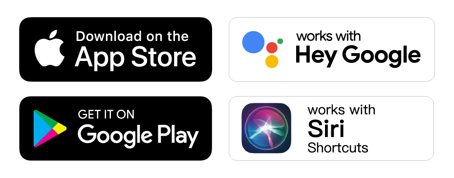 App Store、Google Play、Hey Google 和 Siri 服务标识