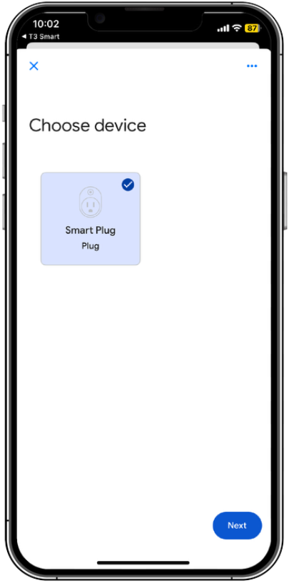 ภาพหน้าจอการตั้งค่า Google Home: เพิ่ม Smart Plug
