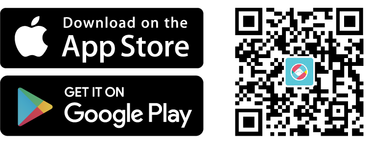 Original App Store and Google Play badges and application QR code