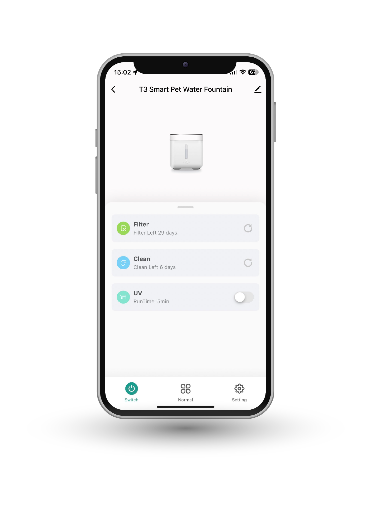 Smart water fountain app with Filter, Clean and UV controls