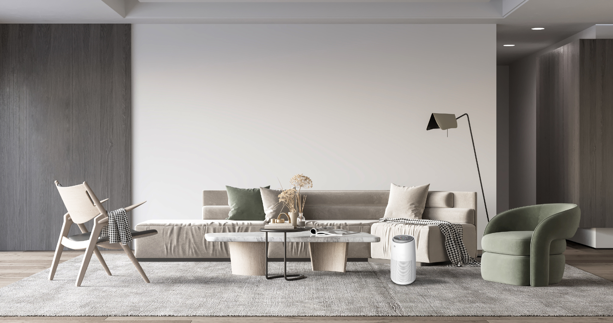 Air purifier in a spacious living room