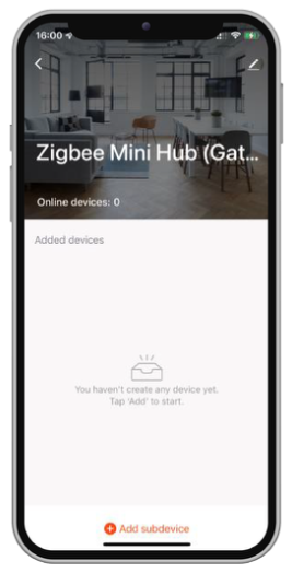 หน้าจอเกตเวย์ Zigbee พร้อมปุ่ม Add subdevice