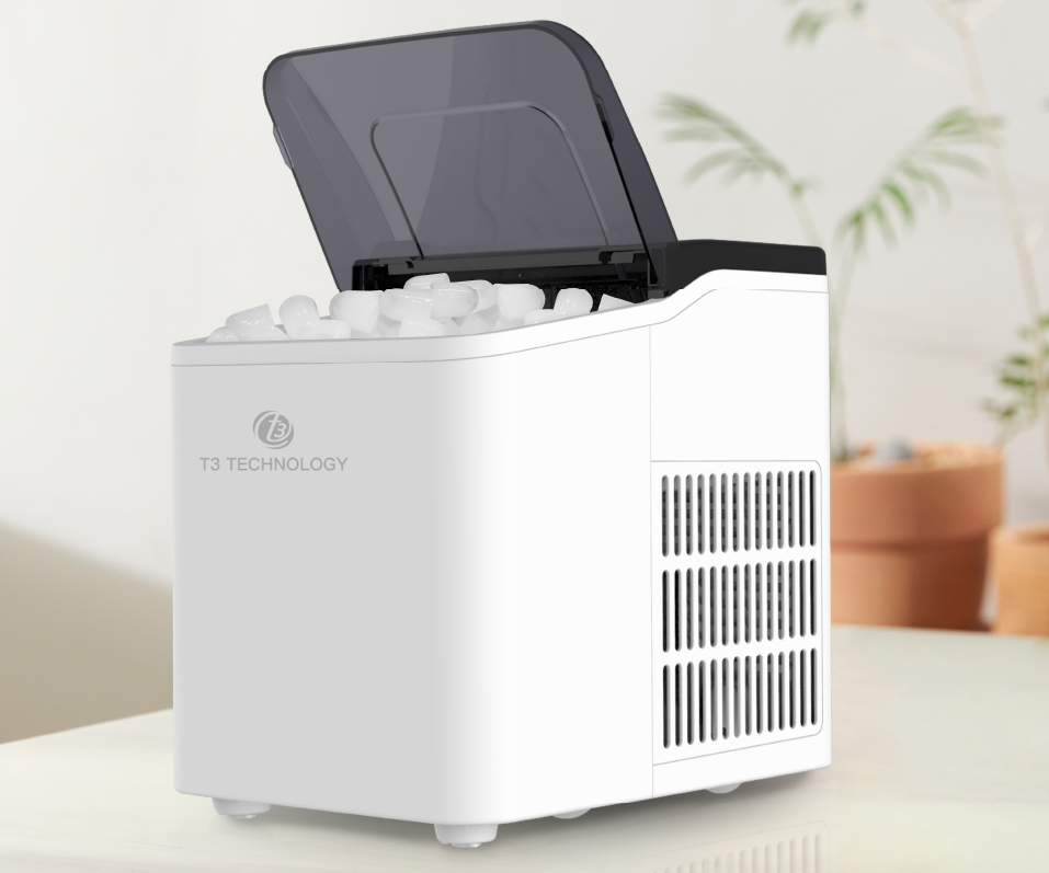 T3 IM1 ice maker with its lid open and ice in the basket