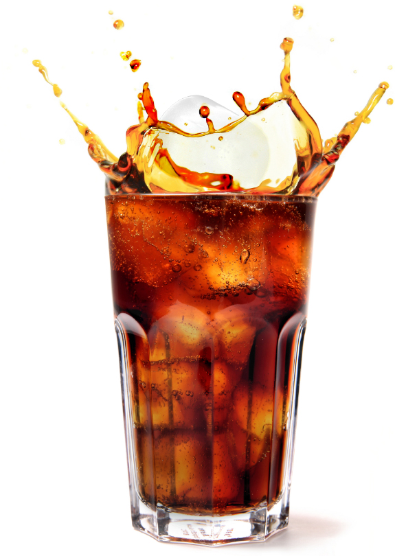 Cola splashing over ice