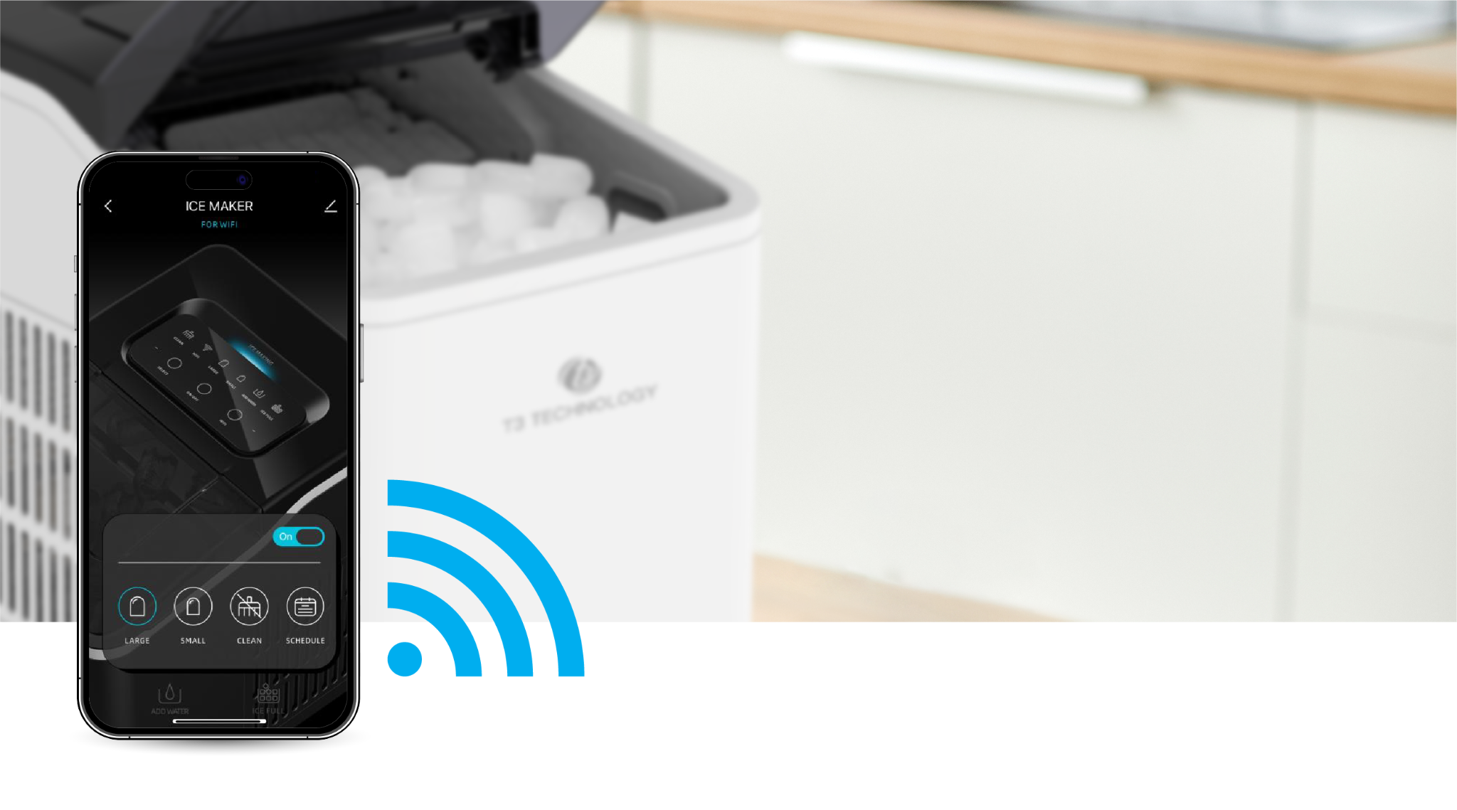 T3 Smart App on a phone beside the ice maker and Wi-Fi symbol