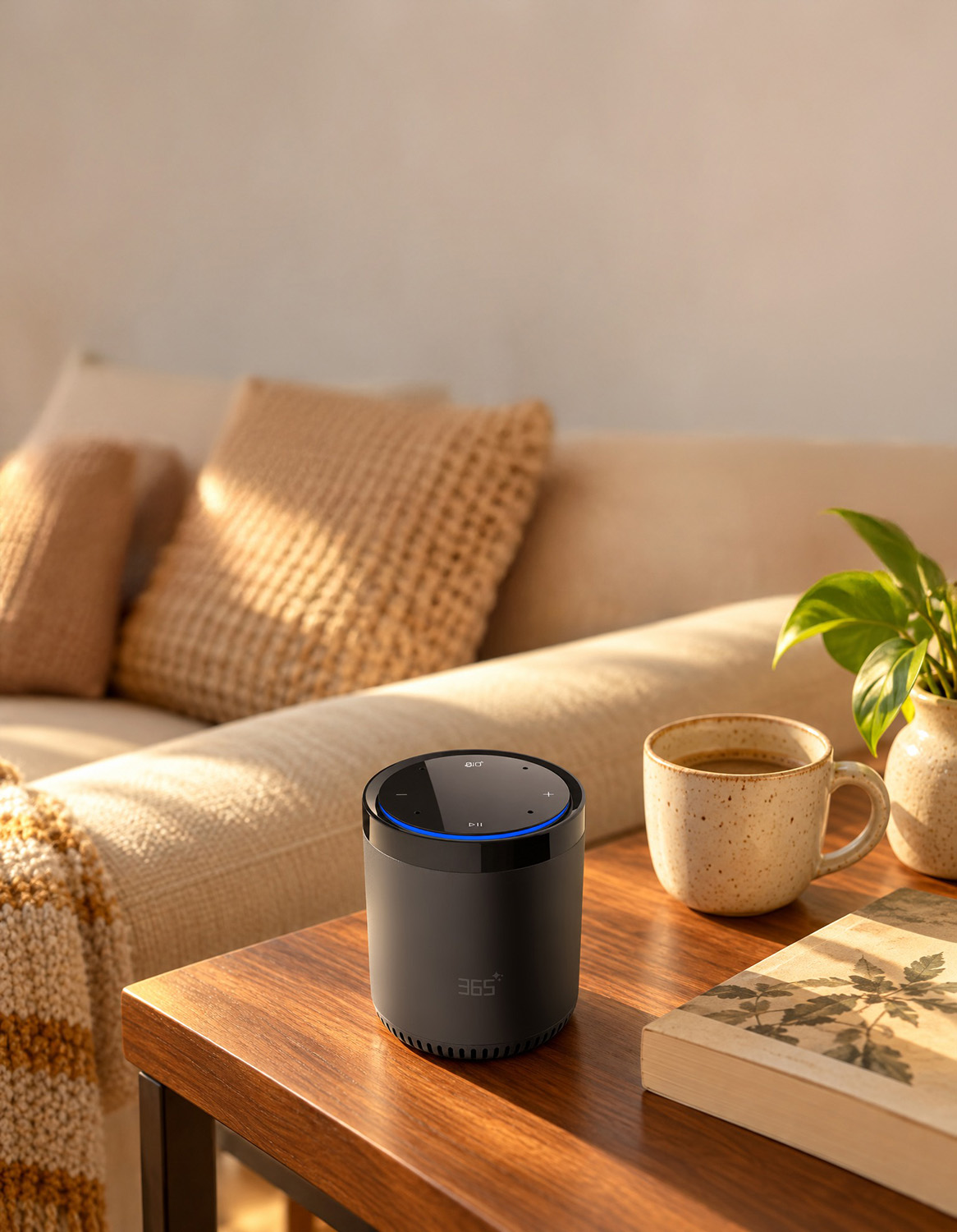 AI speaker on a coffee table in a warm living room
